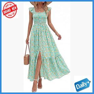 Maxi Dress with Ruffle Sleeves Smocked Bodice Slit Pocket Boho